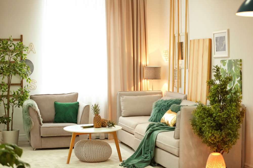 Beautiful interior shot of a modern house with white relaxing walls and furniture